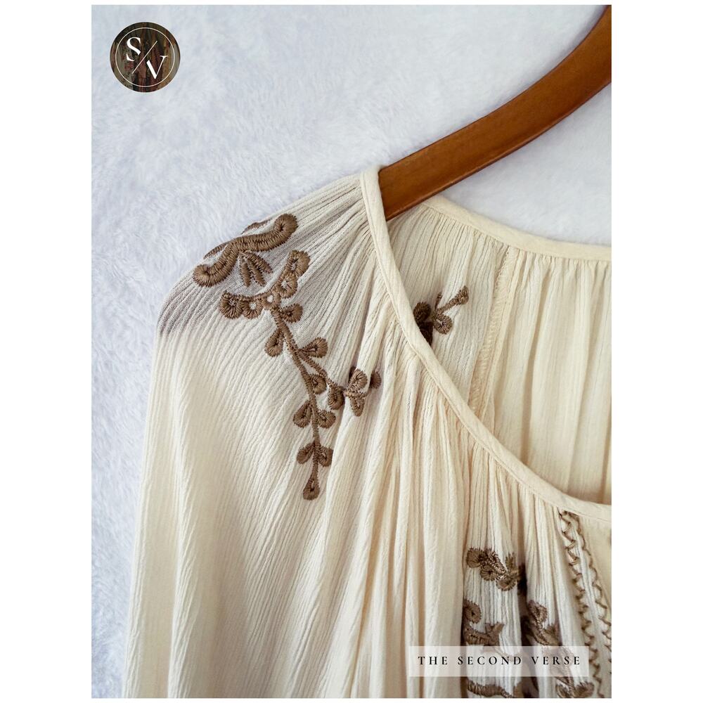 Karen Kane Long Sleeve Embroidery Crinkle Gauze Boho Top Cream Size Medium - Picture 6 of 13